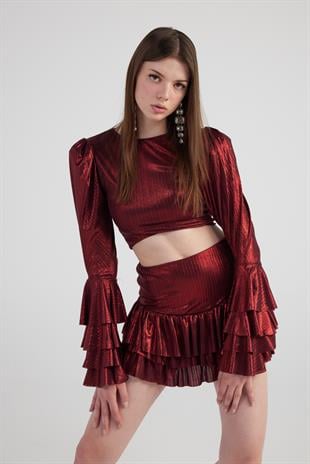 Parlak Kumaşlı Fırfırlı Etek Bluz Yensia Takım Bordo