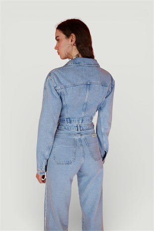 Crop Model Düğme Kapamalı Biana Jean Ceket Mavi