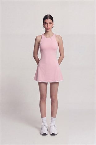 İçi Şortlu Sırtı İp Detaylı Mini Mariya Elbise Pembe