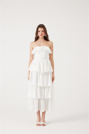 Straplez Fırfırlı Uzun Gracie Elbise Beyaz