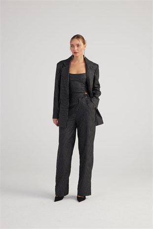 Oversize Kesim Simli Çizgili Eden Blazer Ceket Siyah