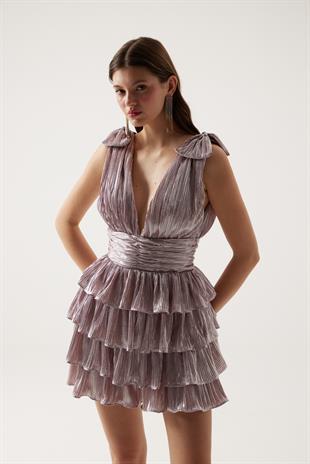 Parlak Kumaşlı Fırfırlı Mini Paole Elbise Pembe