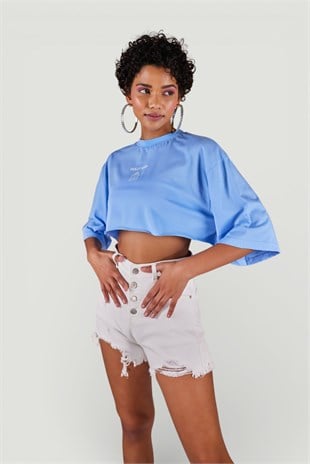 Bisiklet Yaka Holly Crop Tshirt Mavi