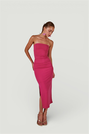 Yırtmaçlı Straplez Midi Bodycon Elbise Pembe