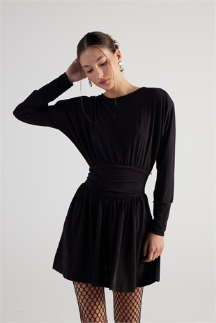 Beli Korse Görünümlü Vatkalı Mini Jade Elbise Siyah