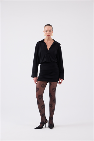 Eteği Büzgü Detaylı Gömlek Yaka Jaida Elbise Siyah