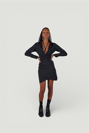 Boyundan Bağlamalı Dekolteli Mini Roar Elbise Siyah