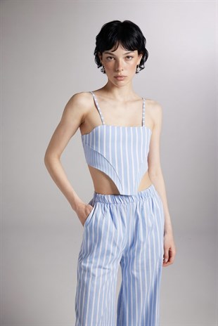 Askılı Çizgili Harmony Poplin Büstiyer Mavi