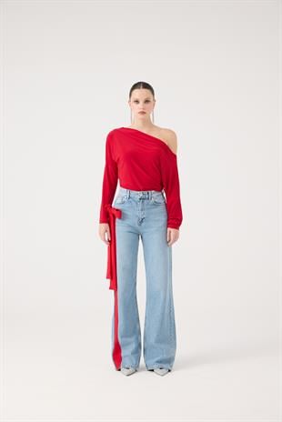 Yüksek Bel Kurdele Detaylı Wide Leg Kyla Jean Pantolon Mavi