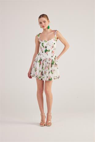 Askıları Kurdeleli Gloplu Çiçekli Mini Şifon Esther Elbise Beyaz