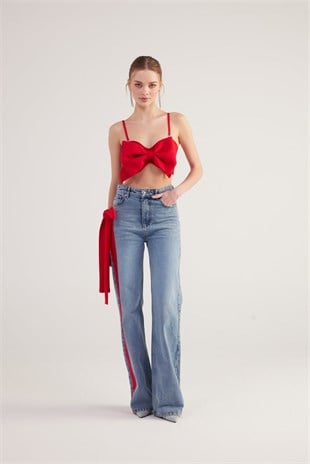Yüksek Bel Kurdele Detaylı Wide Leg Kyla Jean Pantolon Mavi