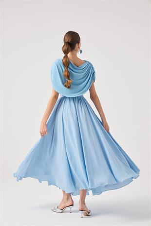 Şifon Etekli Pelerin Bluz Büstiyer 3 lü Alanna Takım Mavi