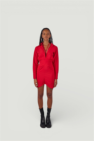 Boyundan Bağlamalı Dekolteli Mini Roar Elbise Kırmızı