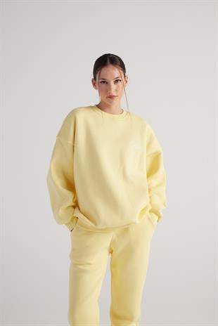 3 İplik Şardonlu Uzun Kol Bisiklet Yaka Fine Sweatshirt Sarı