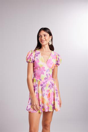 Beli Korse Detaylı Çiçekli Mini Manica Elbise Pembe