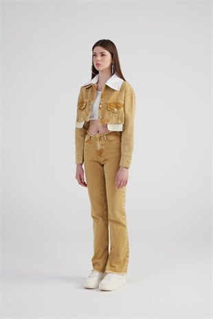 Mermer Desenli Kırçıl Detaylı Straight Kesim Paça Yırtmaçlı Rusted Jean Pantolon Camel