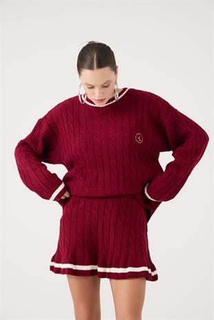 Beli Lastikli Örgü Desenli Mini Triko Harold Etek Bordo