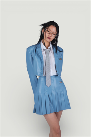 Fermuar Kapamalı Pileli Mini College Deri Etek Mavi