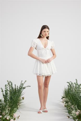 Fistolu Tütü Detaylı Mini Tina Elbise Beyaz