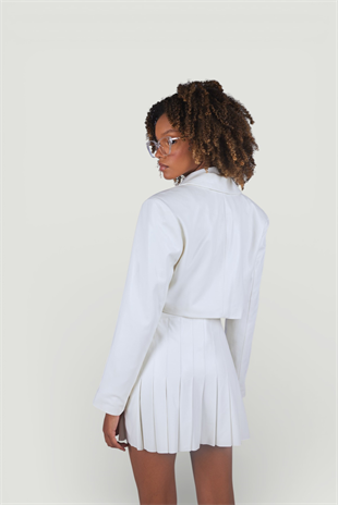 Fermuar Kapamalı Pileli Mini College Deri Etek Ekru