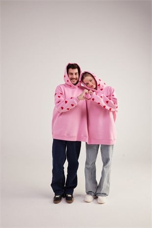 Kalp Baskılı Çift Giyilir Lovebombing Sweatshirt Pembe