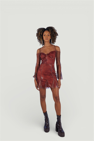 Mini Boy Askılı Tül Kol Rusty Elbise Kahve