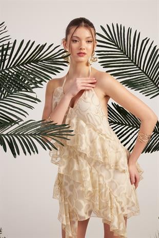 Fırfırlı Parlak Kumaşlı Mini Daniela Elbise Bej 