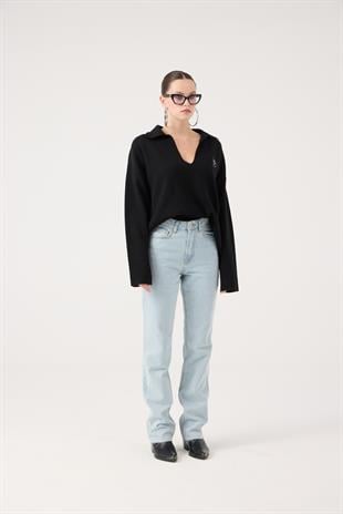 Yüksek Bel Straight Kesim Sagrado Jean Pantolon Mavi (Buz)