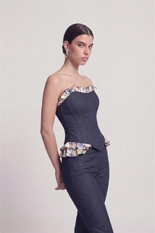 Venus Bustier with Ruffle Detail and Jean-Look Design, Navy Blue