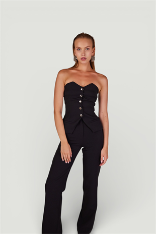 Straplez Kesim Astarlı Panky Bluz Siyah