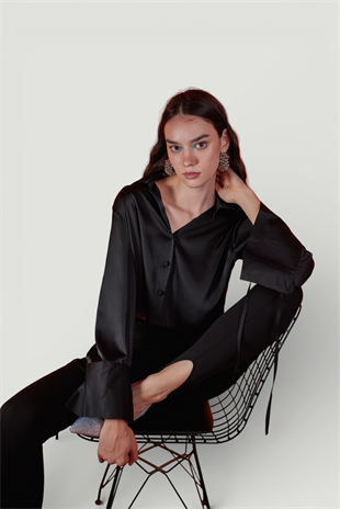 Özel Dokulu Saten Crop Silky Gömlek Siyah
