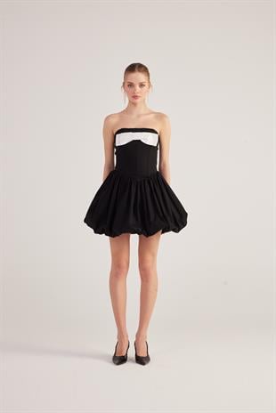 Balon Etekli Kurdelalı Mini Martha Elbise Siyah