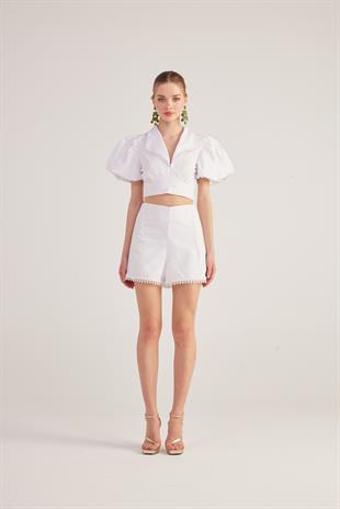 Astarlı, Brode Detaylı Poplin Fairy Şort Beyaz
