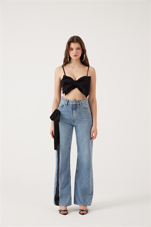 Yüksek Bel Kurdele Detaylı Wide Leg Kyla Jean Pantolon Siyah