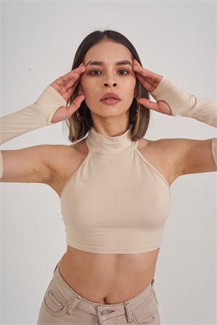 Crop Model Kol Detaylı Pretty Bluz Bej
