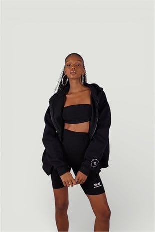Uzun Kol Kapüşonlu Fermuar Kapamalı Hoody Sweatshirt Siyah