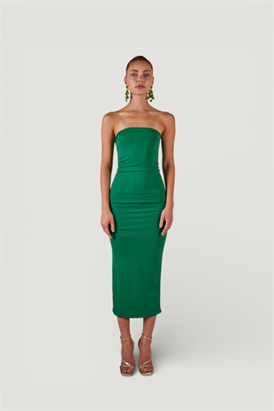 Yırtmaçlı Straplez Midi Bodycon Elbise Yeşil
