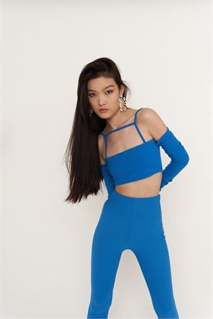 Crop Model Askılı Uzun Kol Molly Bluz Mavi