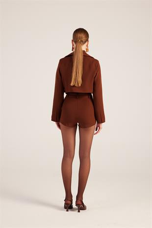 Yakası Saten Detaylı Camila Crop Blazer Ceket Kahve