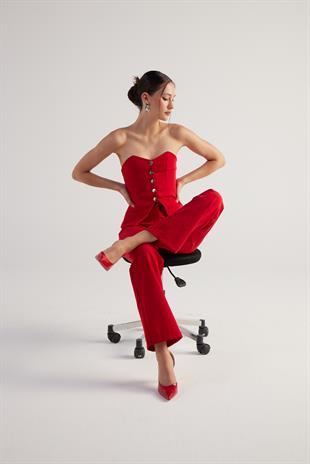 Yüksek Bel Double Kumaş Nia Pantolon Kırmızı