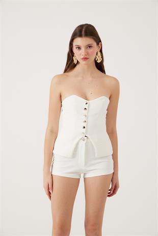 Düğmeli Straplez Kesim Harvey Bluz Beyaz