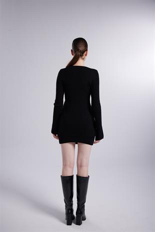 İspanyol Kollu İp Detaylı Fels Triko Hırka Siyah