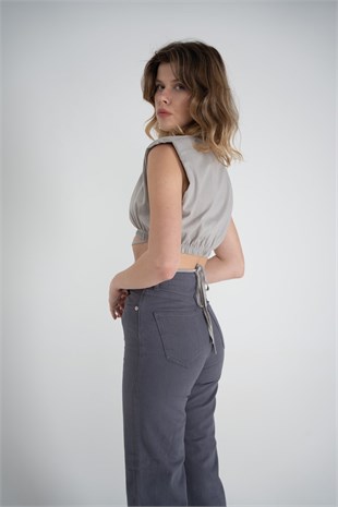 Bel Bağlamalı Crop Candy Tshirt Gri