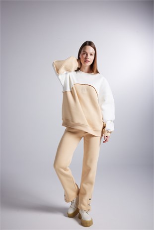 Şardonlu 3 İplik Kumaş Logolu Oversize Nola Sweatshirt Bej
