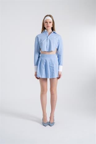 Çizgili Pilili Mini Harmony Poplin Etek Mavi