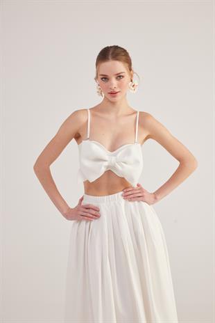 Kurdele Görünümlü Crop Jazmin Bluz Beyaz