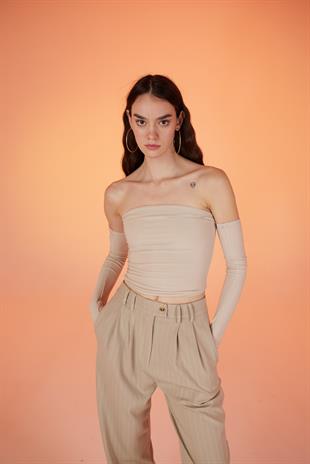 Kolları Ayrı Straplez Smooth Bluz Bej
