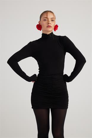 Balıkçı Yaka Büzgülü Mini Tami Elbise Siyah