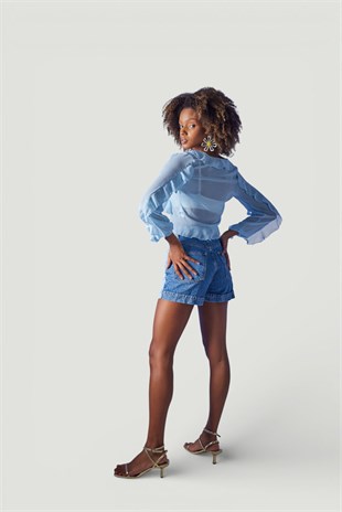 Crop Model Bağlamalı Kol Detaylı Elsa Bluz Mavi