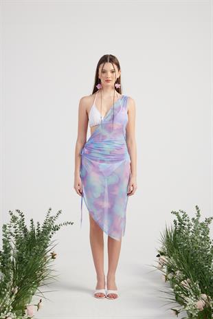 Özel Aksesuarlı Tek Omuzlu Tül Helen Pareo Lila